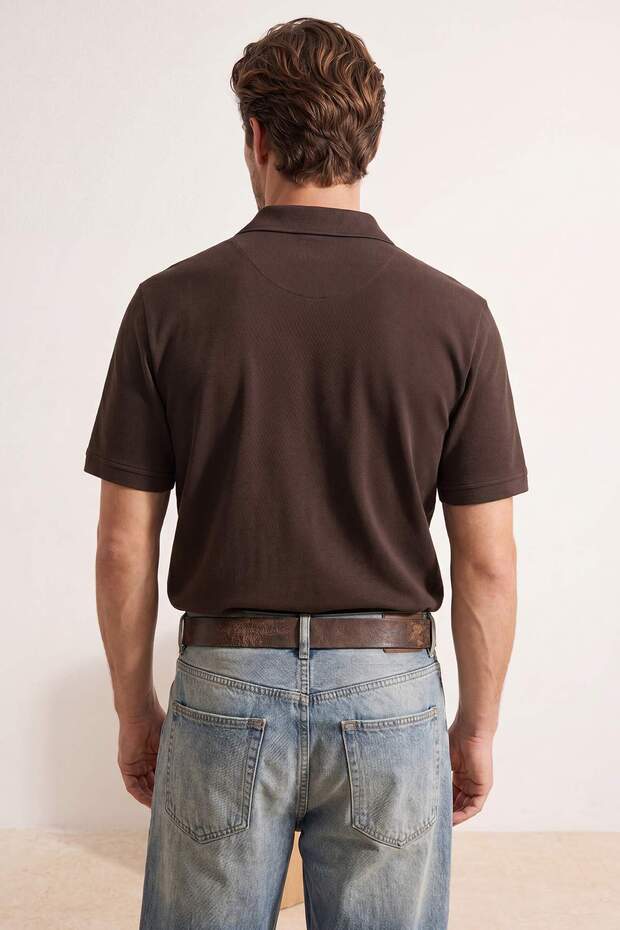 Kahverengi Regular/Normal Kesim Dokulu Polo Yaka T-shirt TMNSS26PO00047 - 3