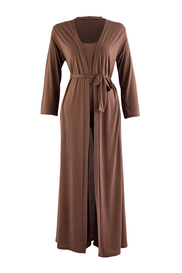 Kahverengi 3'lü Viskon Sabahlık+Atlet+Pantolon Örme Pijama Takımı THMAW27PT00005 - 7