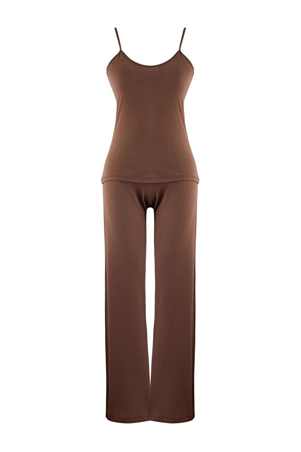 Kahverengi 3'lü Viskon Sabahlık+Atlet+Pantolon Örme Pijama Takımı THMAW27PT00005 - 8