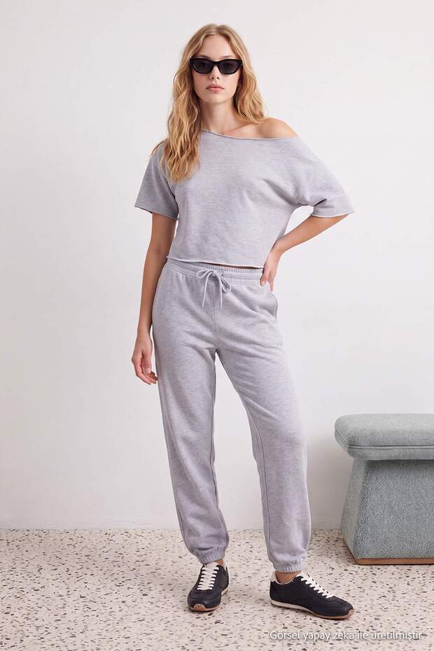 Gray Melange Asymmetric Collar Elastic Cotton Stretch Knitted Top and Bottom Set Twoaw27Au00047
