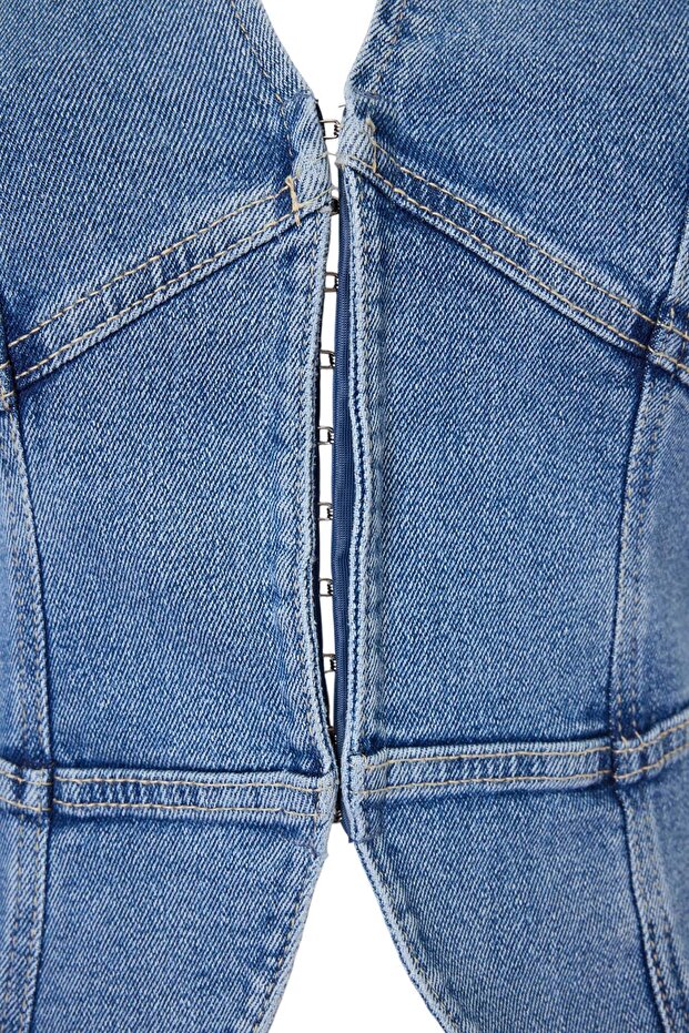 Mavi Az Esnek Qipao Halter Yaka Denim Bluz TWOAW27BZ00130 - 7
