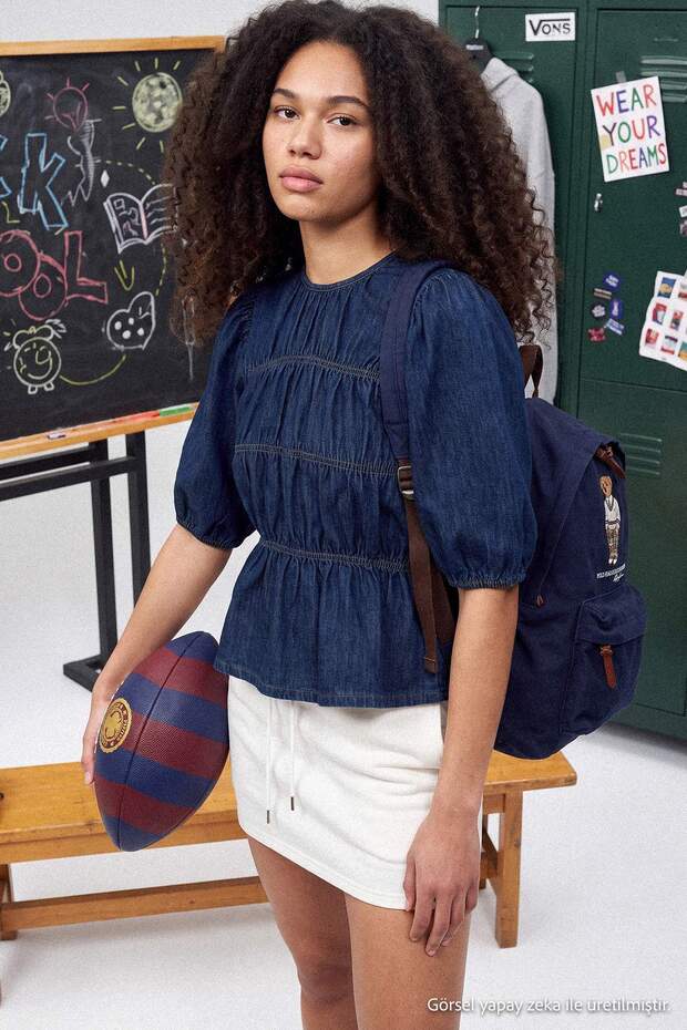 Koyu Mavi Balon Kol Dikiş Detaylı Denim Bluz TWOAW27BZ00035