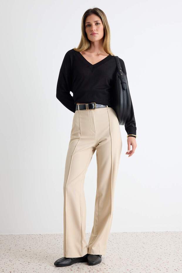 Vizon Straight/Düz Kesim Yüksek Bel Nervür Dikişli Dokuma Pantolon TWOSS21PL0093 - 1