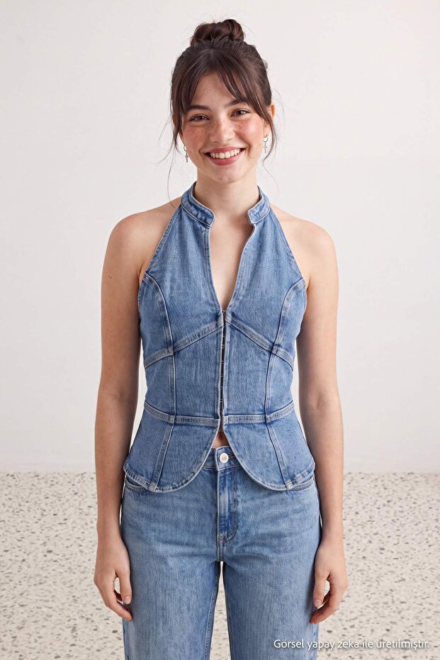 Mavi Az Esnek Qipao Halter Yaka Denim Bluz TWOAW27BZ00130 - 2