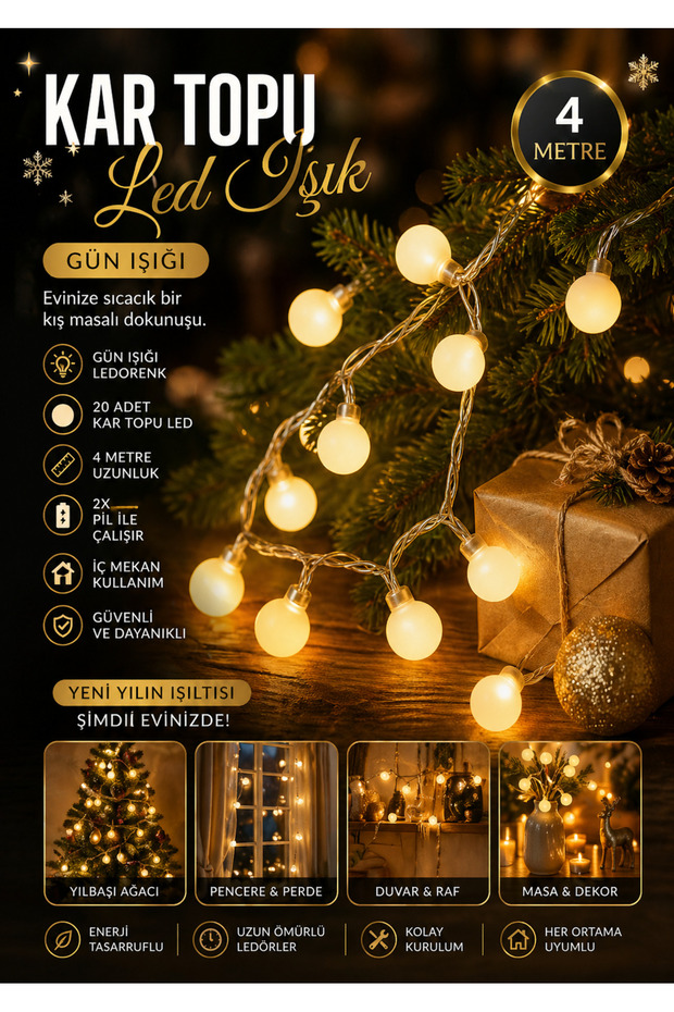 nextbuy Kar Topu Led Işık 4 Metre 20 Led 3x Pilli Yılbaşı Ağaç Aydınlatma Süsü Gün Işığı Sarkıt Dizeleri