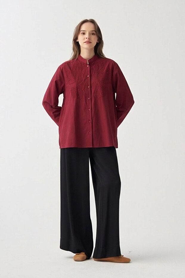 Burgundy-Embroidery Detailed Shirt