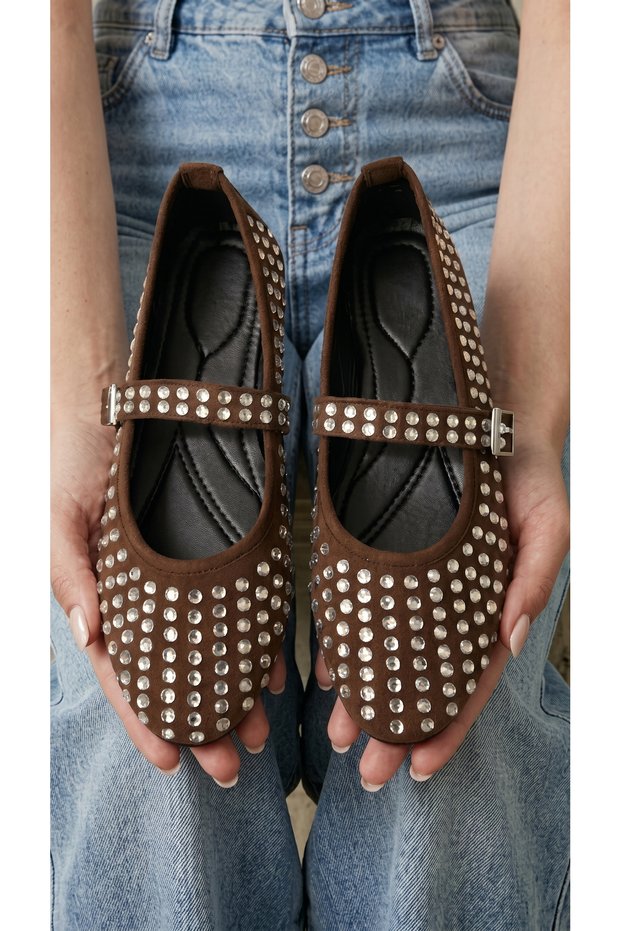 Women's Brown Strass Stone Buckle Stylish Suede Ballerinas 1.5cm Byndrsvn01