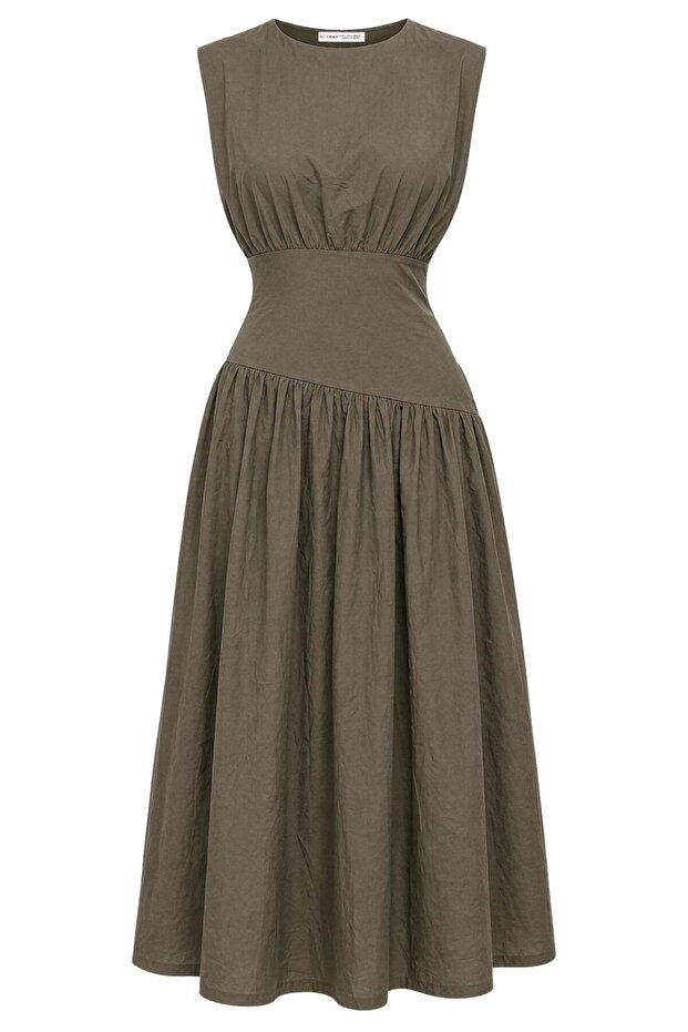2109 Women's Corsage Look Asymmetrical Detailed Midi Dress Khaki