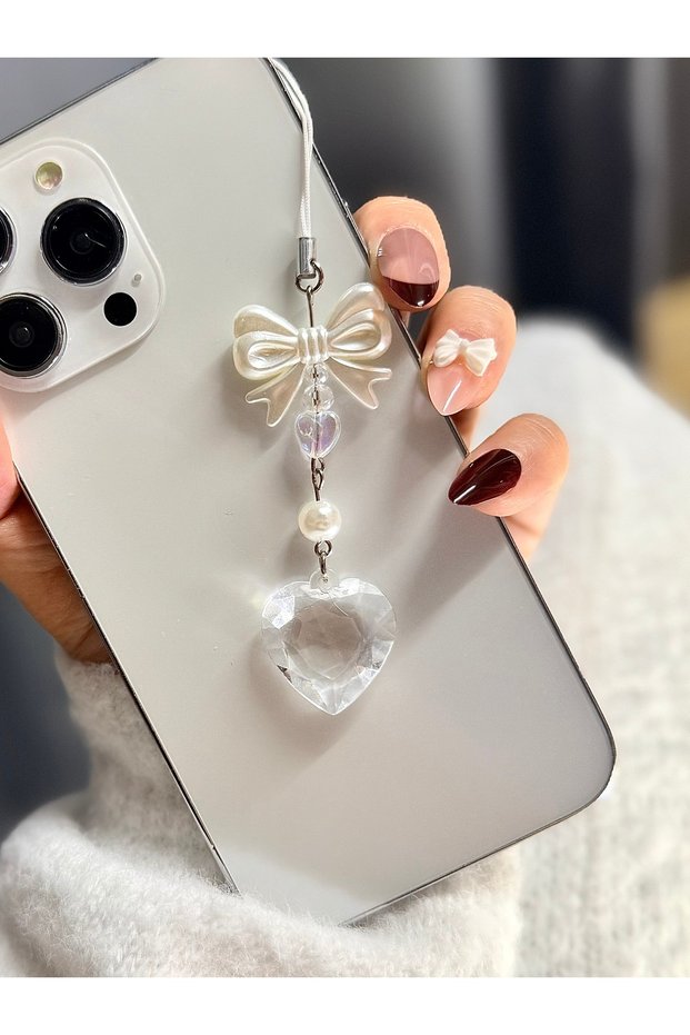 Transparent Heart Crystal Phone Charm & Bag Ornament with Pearl Bow Detail Strap | Keychain • Phone Strap
