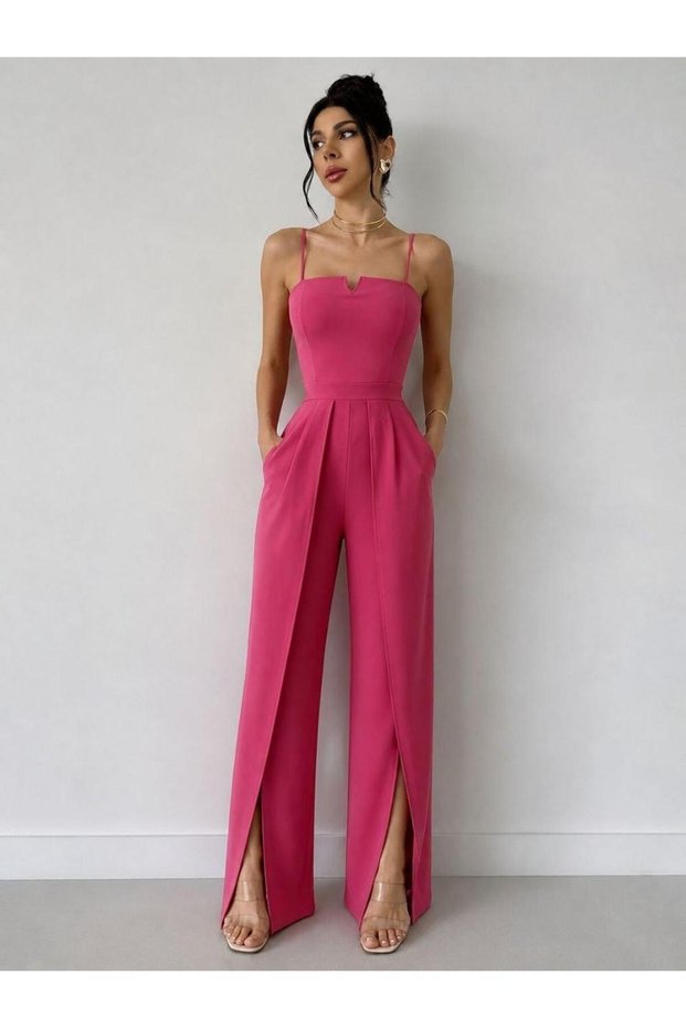 Dusty Rose Crepe Fabric Jumpsuit with Hanging Neckline and Slit Detail 582232