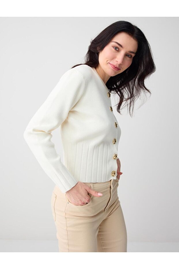 Ecru Straight Fit Round Neck Long Sleeve Knit Cardigan