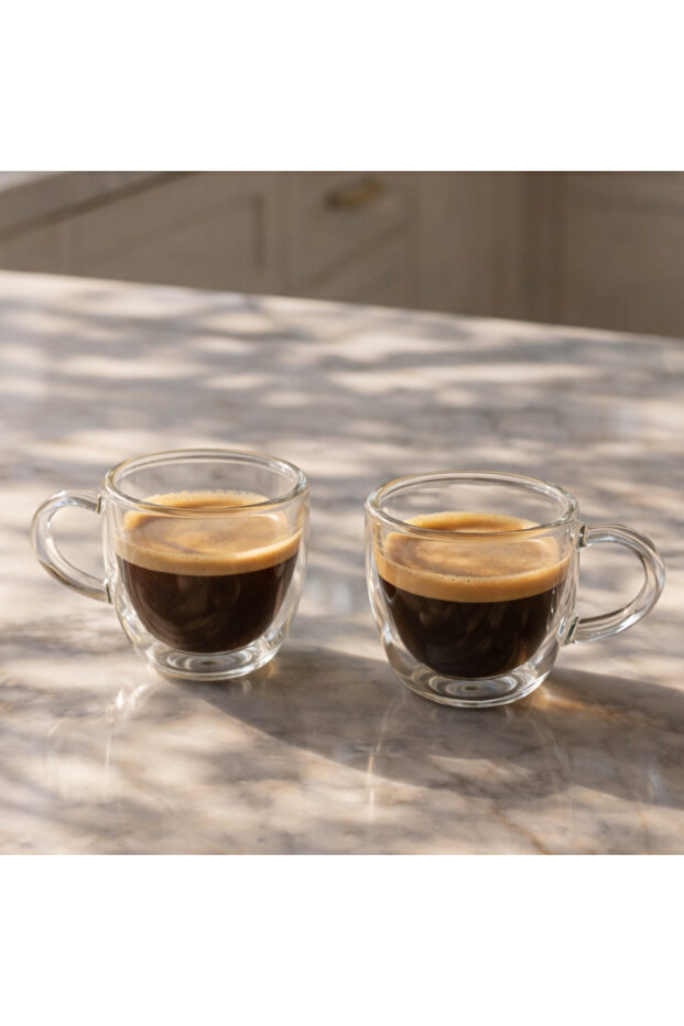 Double Wall Demitasse Glass Cups Set of 2, 100 ML Clear Espresso Coffee Cups with Handle for Hot and Cold Drinks, DH902