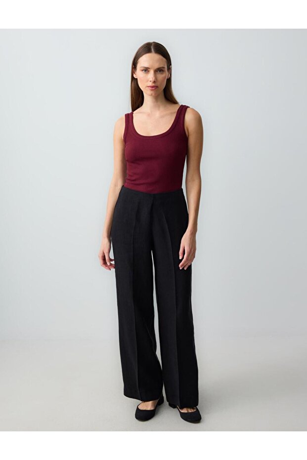 Black 100% Linen Regular Waist Long Trousers