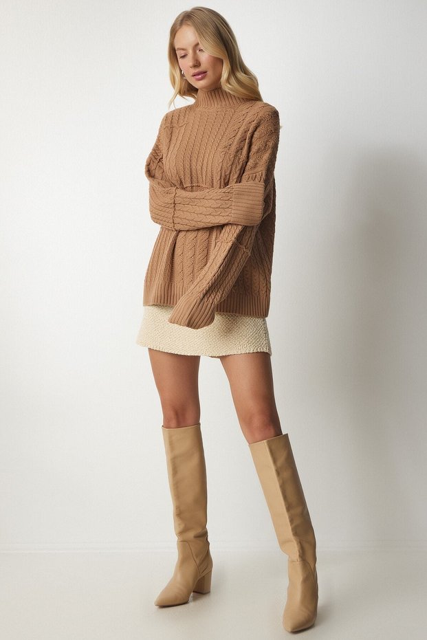 Women's Biscuit Knit Motif Stand Collar Knitwear Sweater MX00132