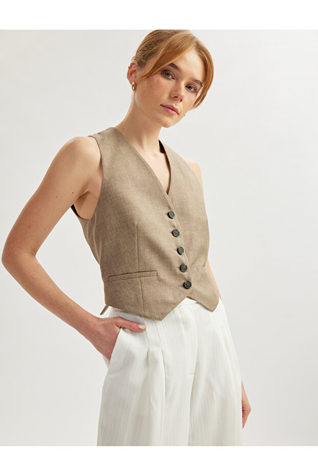 V-Neck Buttoned Blazer Vest with Belt Detail on the Back