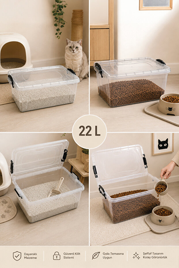 Home Anti-Spill Storage Container for Food and Cat Litter with Lockable Lid 22 Lt