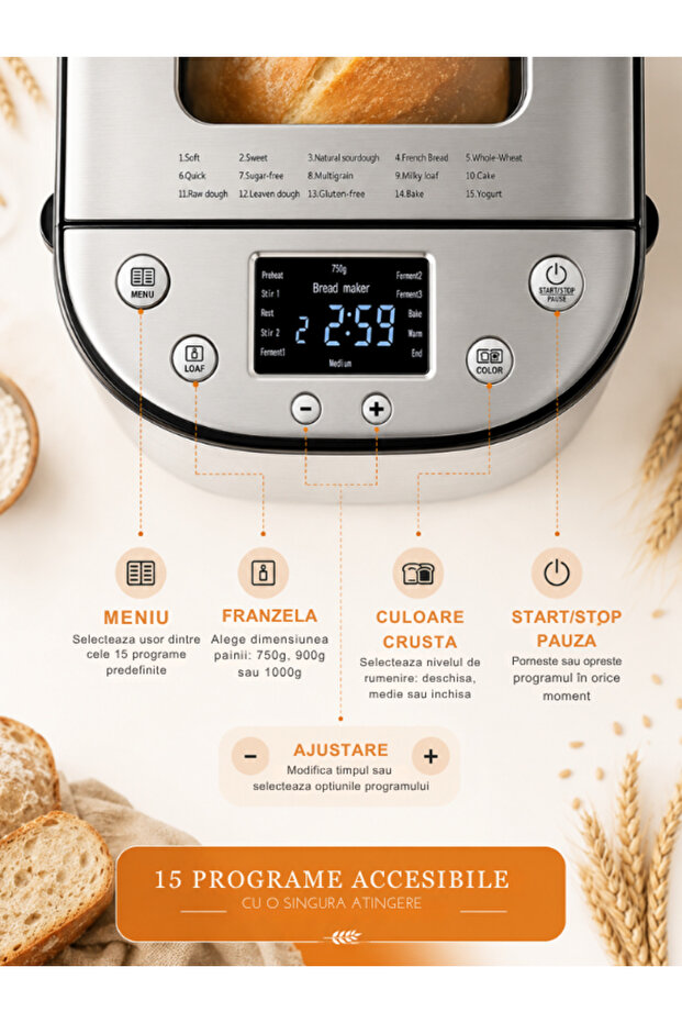 Bread Maker MBF-001, 710W, 900g, 15 programs, LCD Display, Timer, Programming Function, Keep Warm Function, Silver - 2