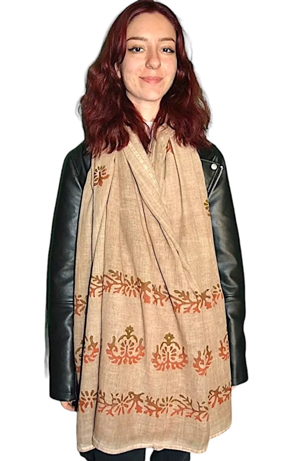 Brown Patterned Cotton Shawl Scarf - Handmade