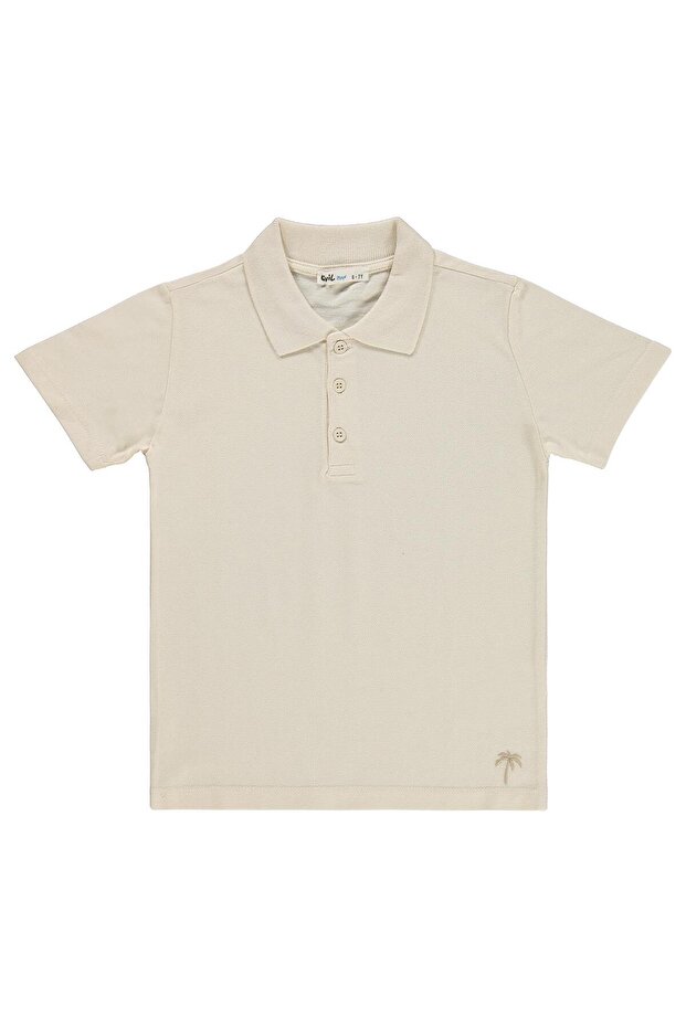 Palm Tree Embroidered Polo Collar T-Shirt for 10-13 Years Old - Beige