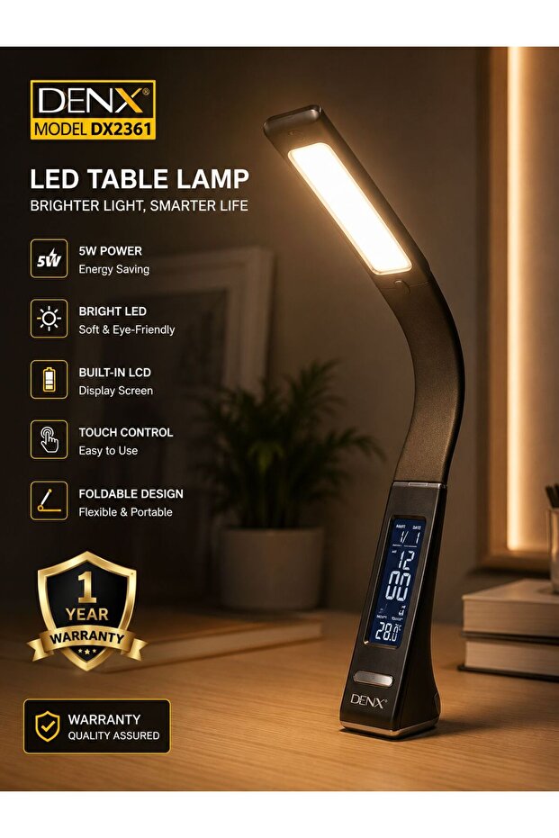 DX2361 black LED table lamp featuring a flexible neck and an LCD display for time and temperature.