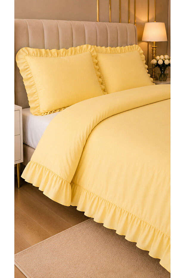 3 Piece (No Sheets) Cotton Fabric Ruffled Double Duvet Cover Set Yellow