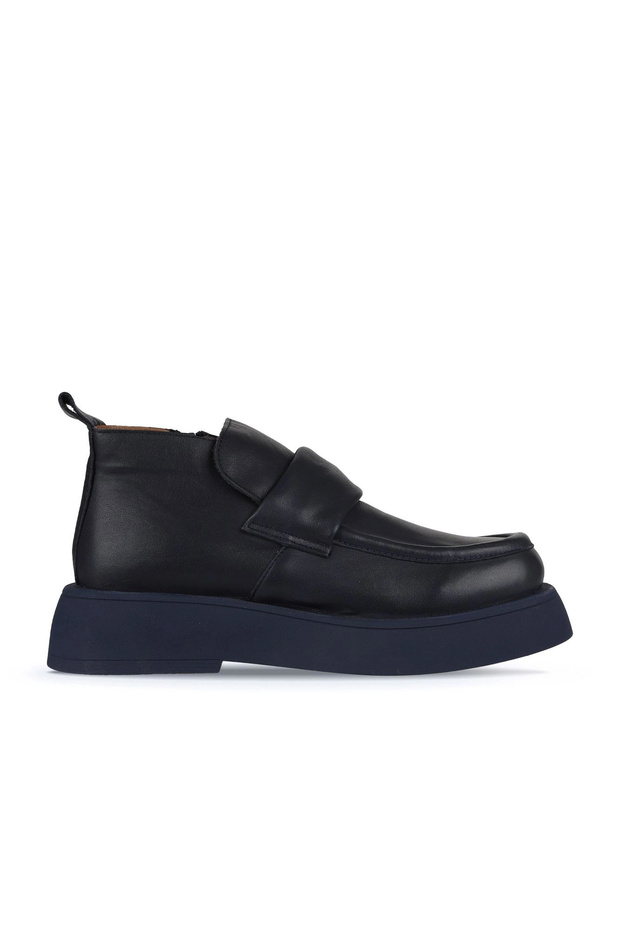 Navy Blue Leather Women's Flat Boots 01Wz6402