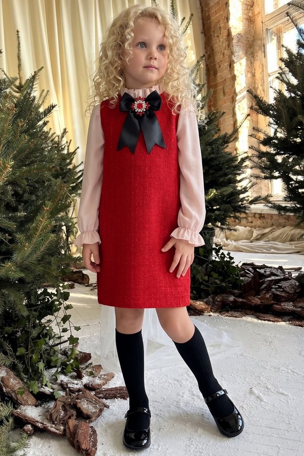 Girl's Vanessa Brooch Detailed Tweed Red Long Sleeve Christmas Dress