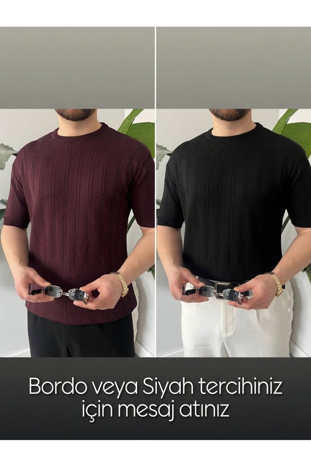 Men's Slim Fit Knitted Patterned Crew Neck Short Sleeve Lycra Knitwear T-Shirt