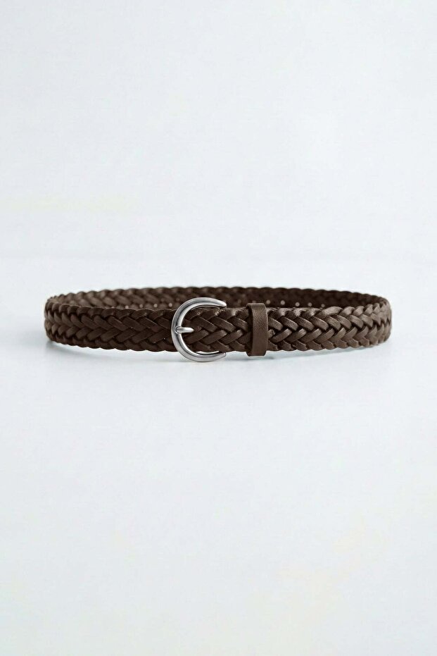 Men's Thin Knitted Metal Buckle Belt Brown