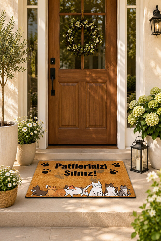 Cat Patterned Wipe Your Paws Written Door Mat 45X70 cm