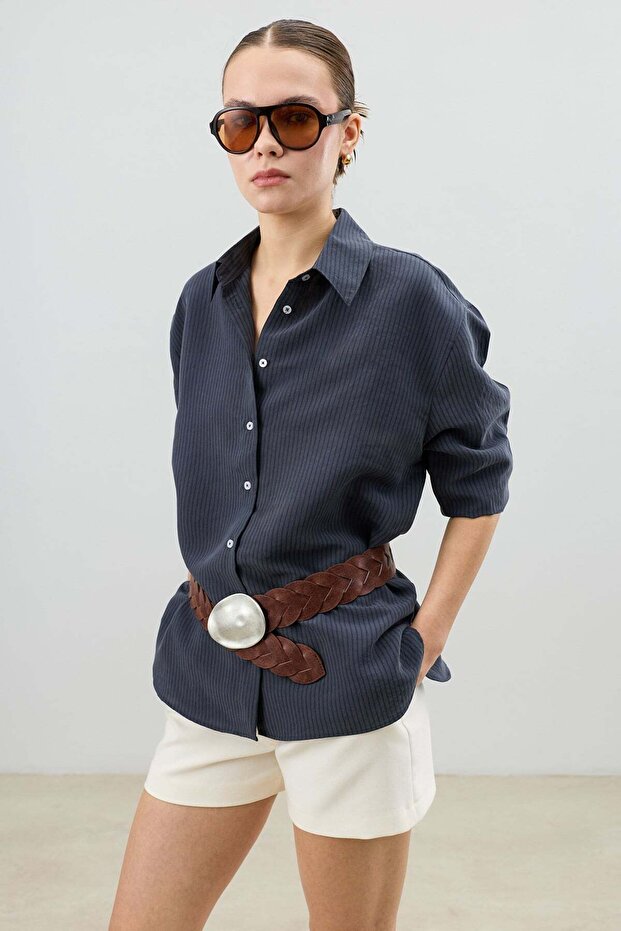 Anthracite Modal Blend Striped Women's Shirt