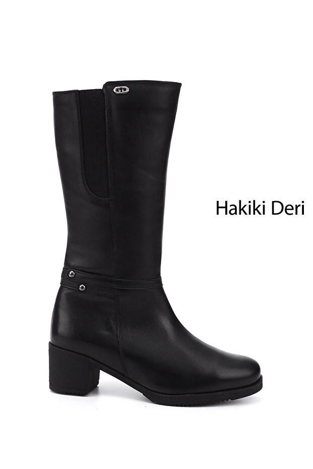 Women's Black Zippered Thick Heeled Genuine Leather Boots