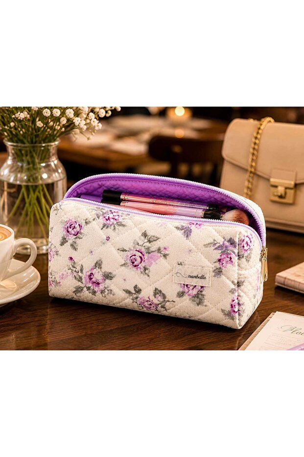Roses Lilac Rose Patterned XL Makeup and Travel Bag - Quilted Fabric, Large Volume