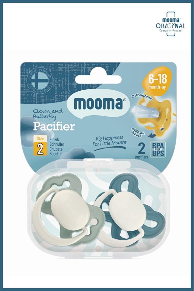Clown & Butterfly Silicone Pacifier Set of 2 No:2 (6–18 Months) Ball Blue & River Green with Storage Container Gift