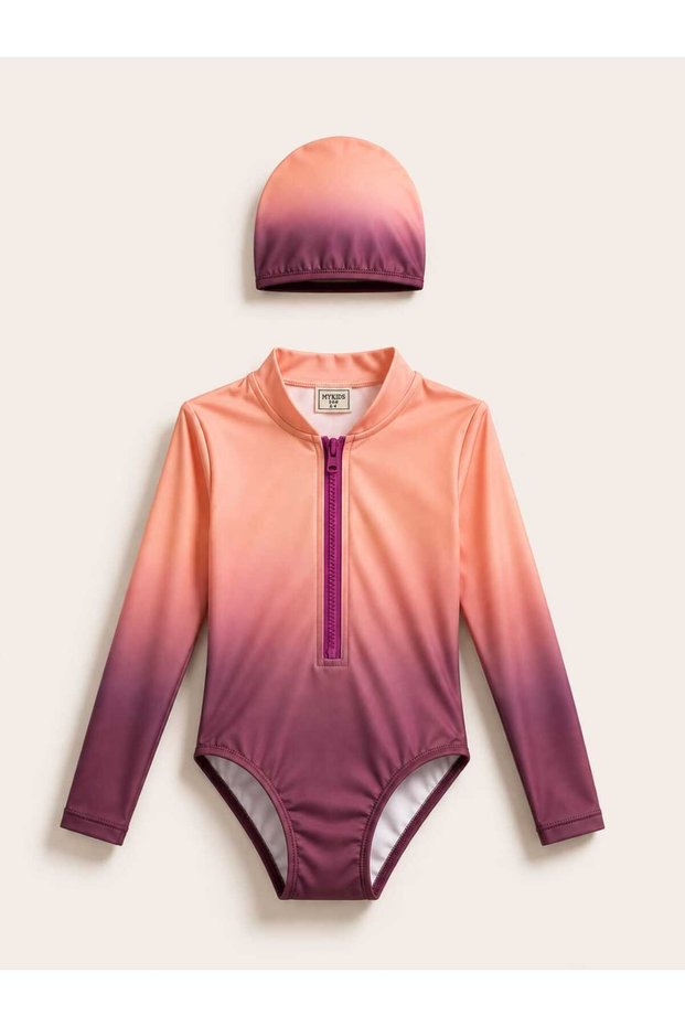 Girl's Uv Protection Long Sleeve Zipper Swimsuit Set 12787