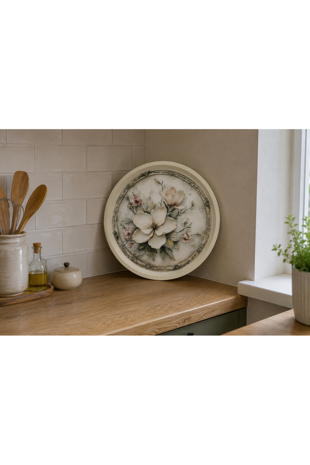 English Vintage Large Tea Serving Tray | Magnolia Bloom | Round Large Presentation Tray - 36X36 cm