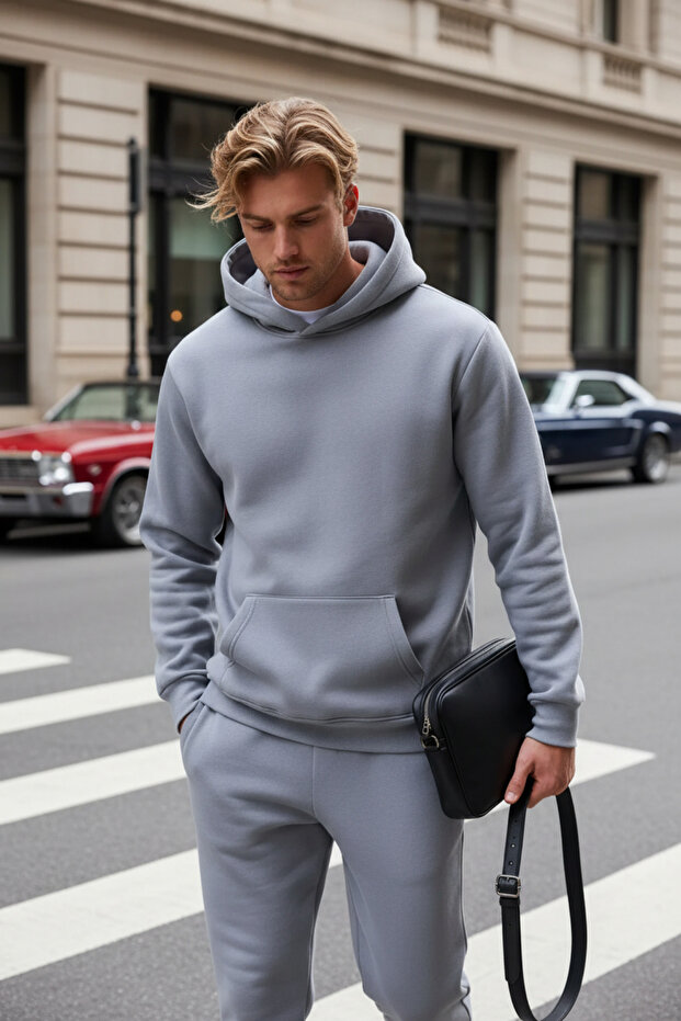 Men's Cotton Relaxed Fit Kangaroo Pocket Hooded Tracksuit Set - Hiking