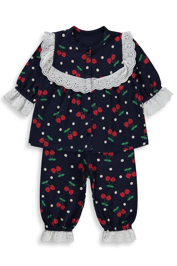 Dotted Cherry Printed Scalloped Girls' 6-18 Months Pajama Set - Navy Blue
