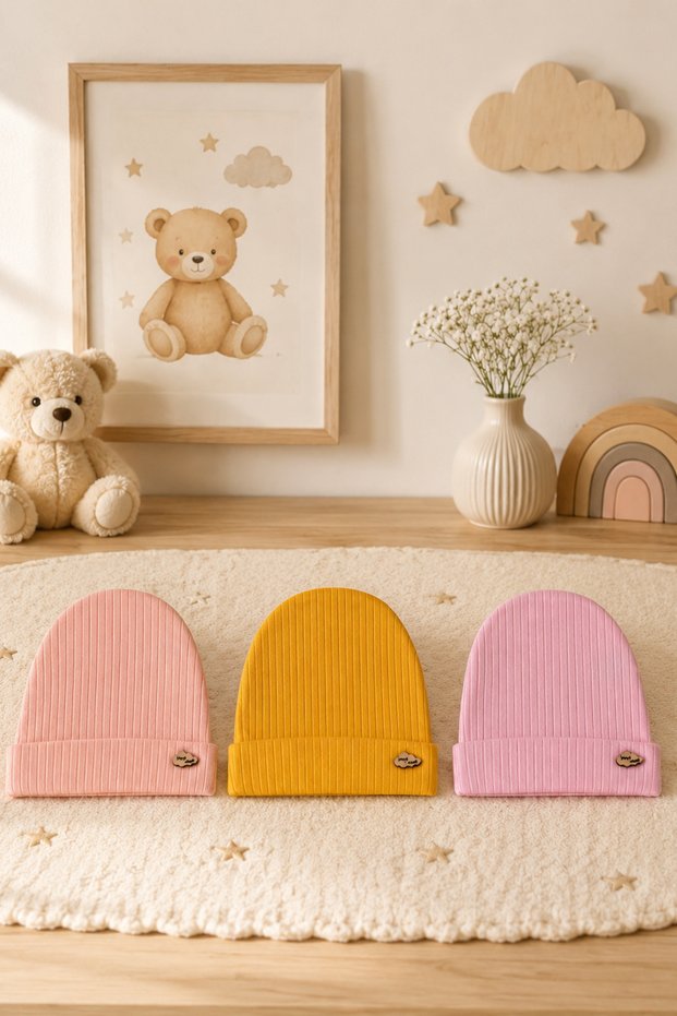 Baby Wooden Emblem 3-Piece Cotton Beanie Hat Yellow Pink Salmon
