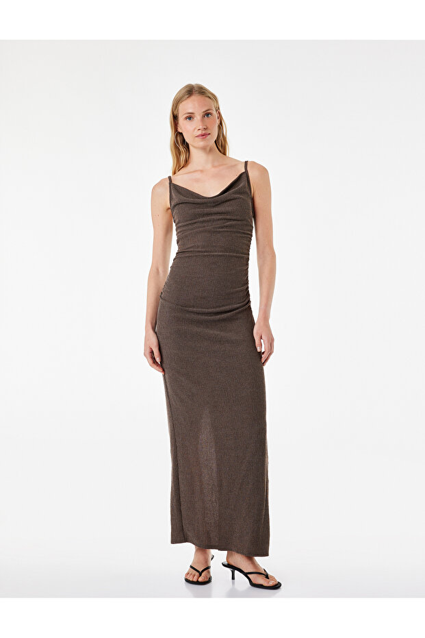 Bürümcük Fabric Textured Slim Fit Draped Slit Thin Strap Midi Pencil Dress