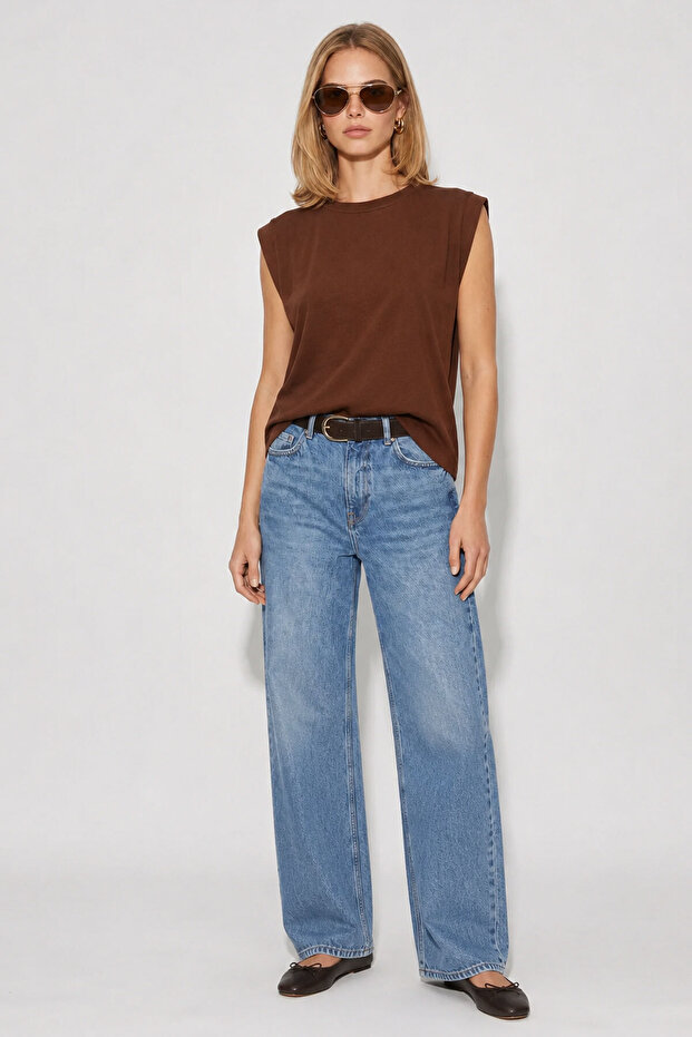 Crew Neck Sleeveless Cotton T-Shirt - Brown