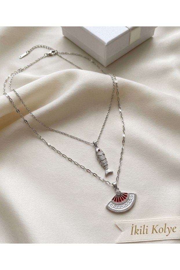 Zircon Stone Enamel Fan Silver Steel Necklace and Fish Luck Necklace