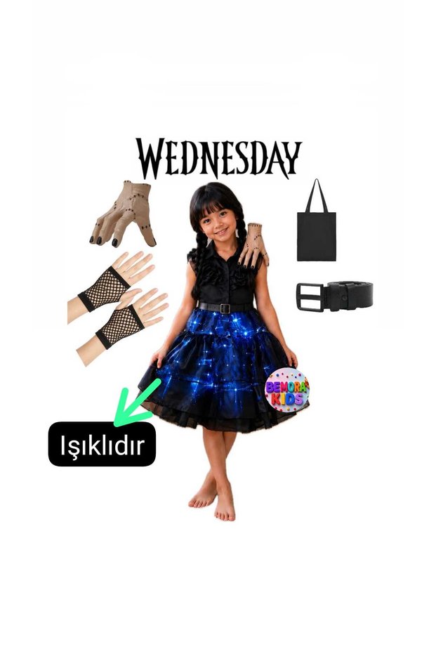 Light up Wednesday Costume Dress + Bag + Gloves + Belt Party Birthday Set