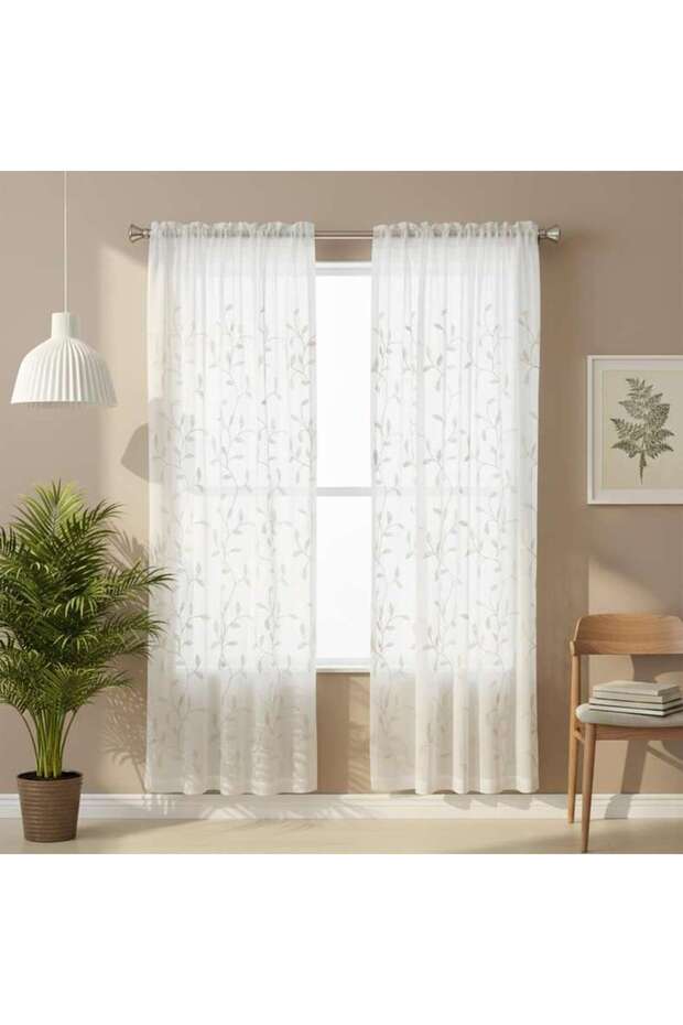 Foliage Trail Sheer Curtain Pair 135x240cm-beige