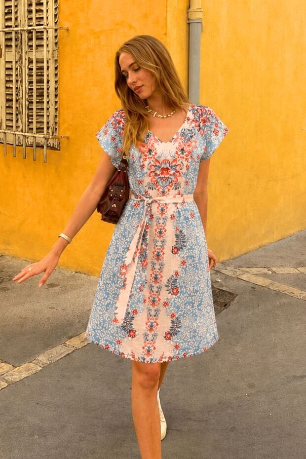 Women's Turquoise Front Back V Neck Belted Patterned Dress Arm-25Y 001018