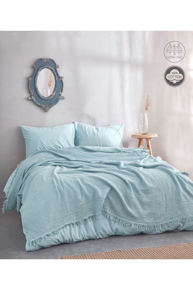Turquoise 4 Layer Muslin 100% Cotton Pique - Bedspread - TV Blanket 200x220