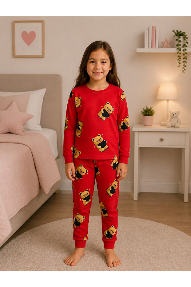 Girl's Cotton Suede Fabric Red Teddy Bear Patterned Long Sleeve Pajama Set
