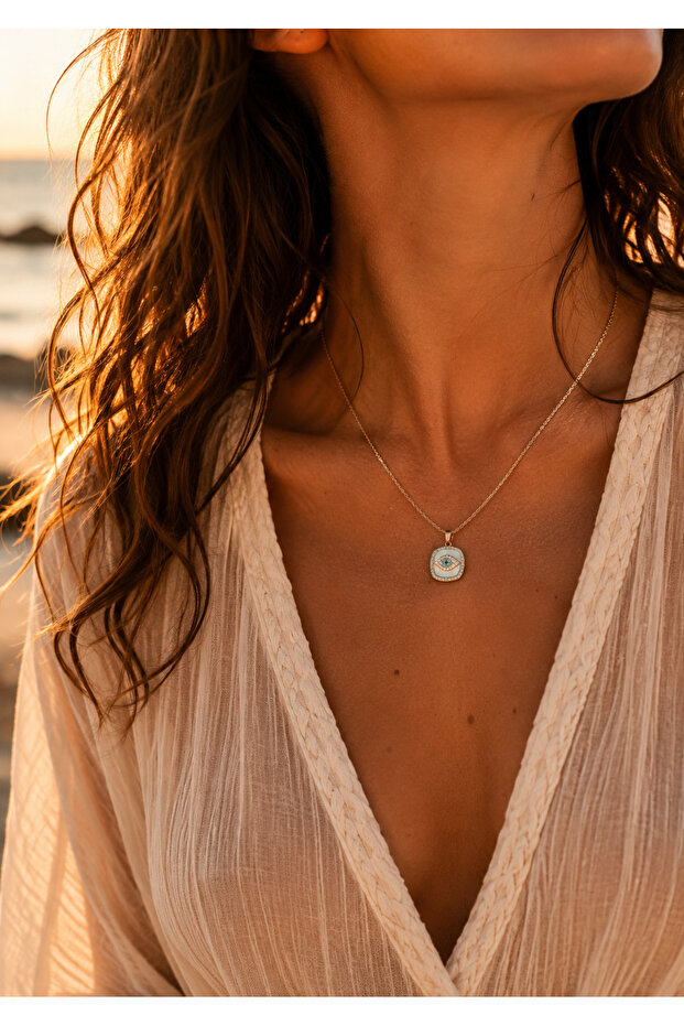 Vip Series White Enamel Blue Stone Gold Eye Necklace