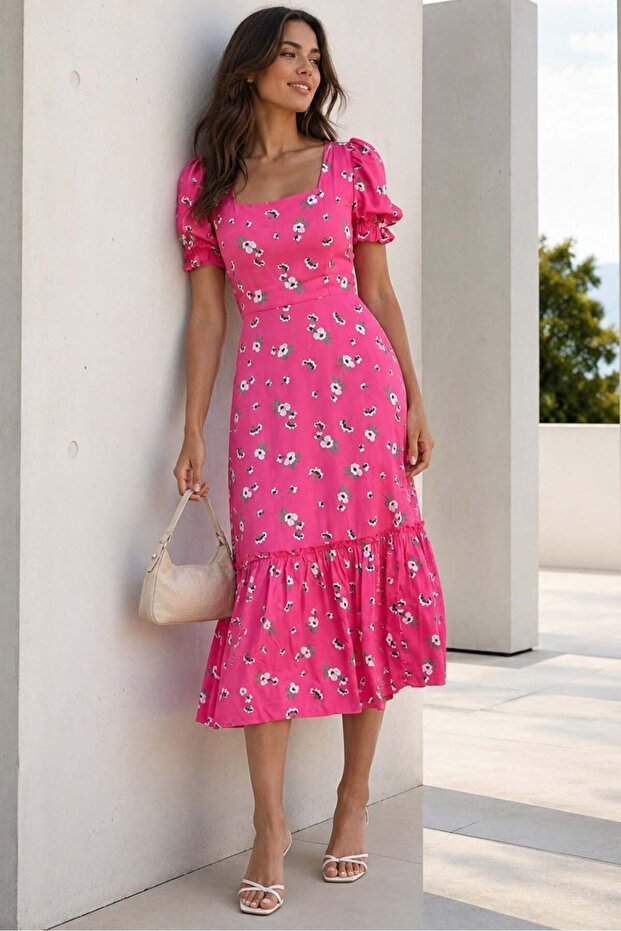 Pink Floral Patterned Balloon Sleeve Midi Dress Mg1820