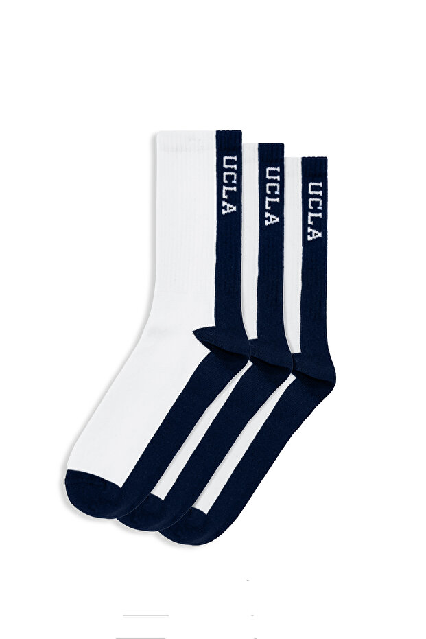 Renley 3-Piece White-Navy Blue Long Jacquard Cotton Standard Fit Unisex Socks